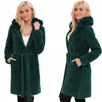 Alpaka Z Futerkiem Ciepły Płaszcz Z Paskiem BUTELKOWA ZIELEŃ