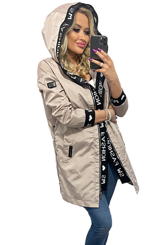 Prosty Lekki Płaszcz Luźna Kurtka Parka z Napisami BEŻOWA