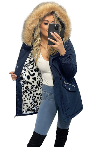 Zimowa Pantera Ciepła Parka Kurtka Zimowa Na Misiu GRANATOWA